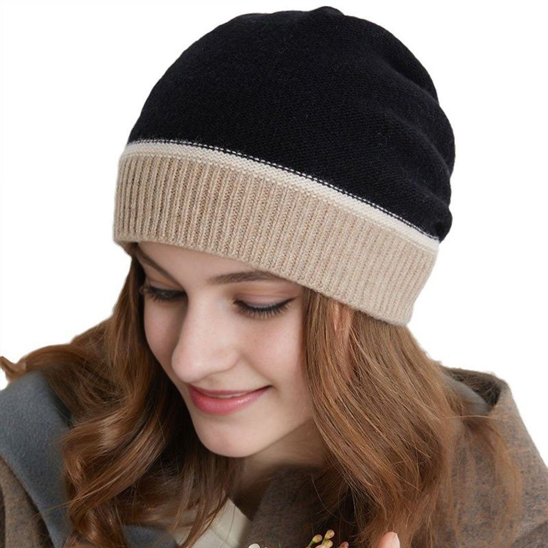 AUKUU Strickmütze Strickmütze warmer schwarz Winterstrickmütze in Herbst- und (Kontrastfarbe) Wolle aus