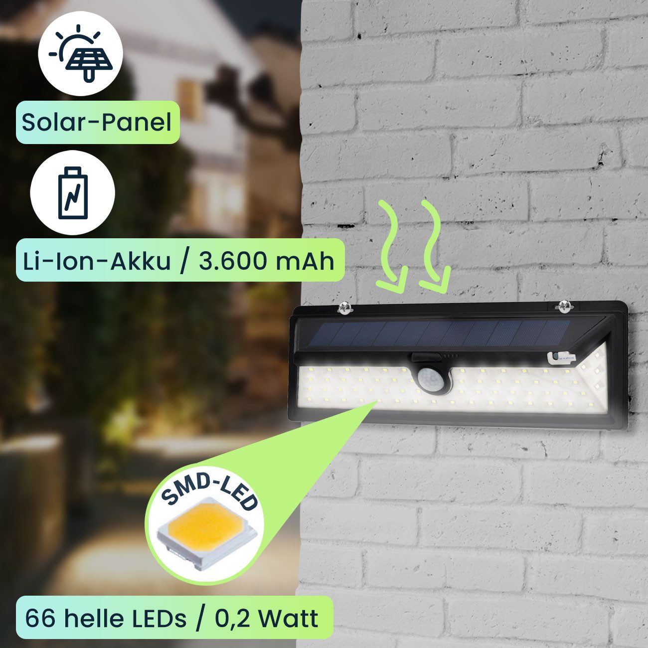 Casativo LED Außen-Wandleuchte Solar-Wandleuchte mit PIR-Sensor 66 LEDs 800 lm 13,2W IP44, LED fest integriert, 66 helle LEDs mit je 0,2 Watt (13,2 Watt gesamt) – Bild 5 von 5