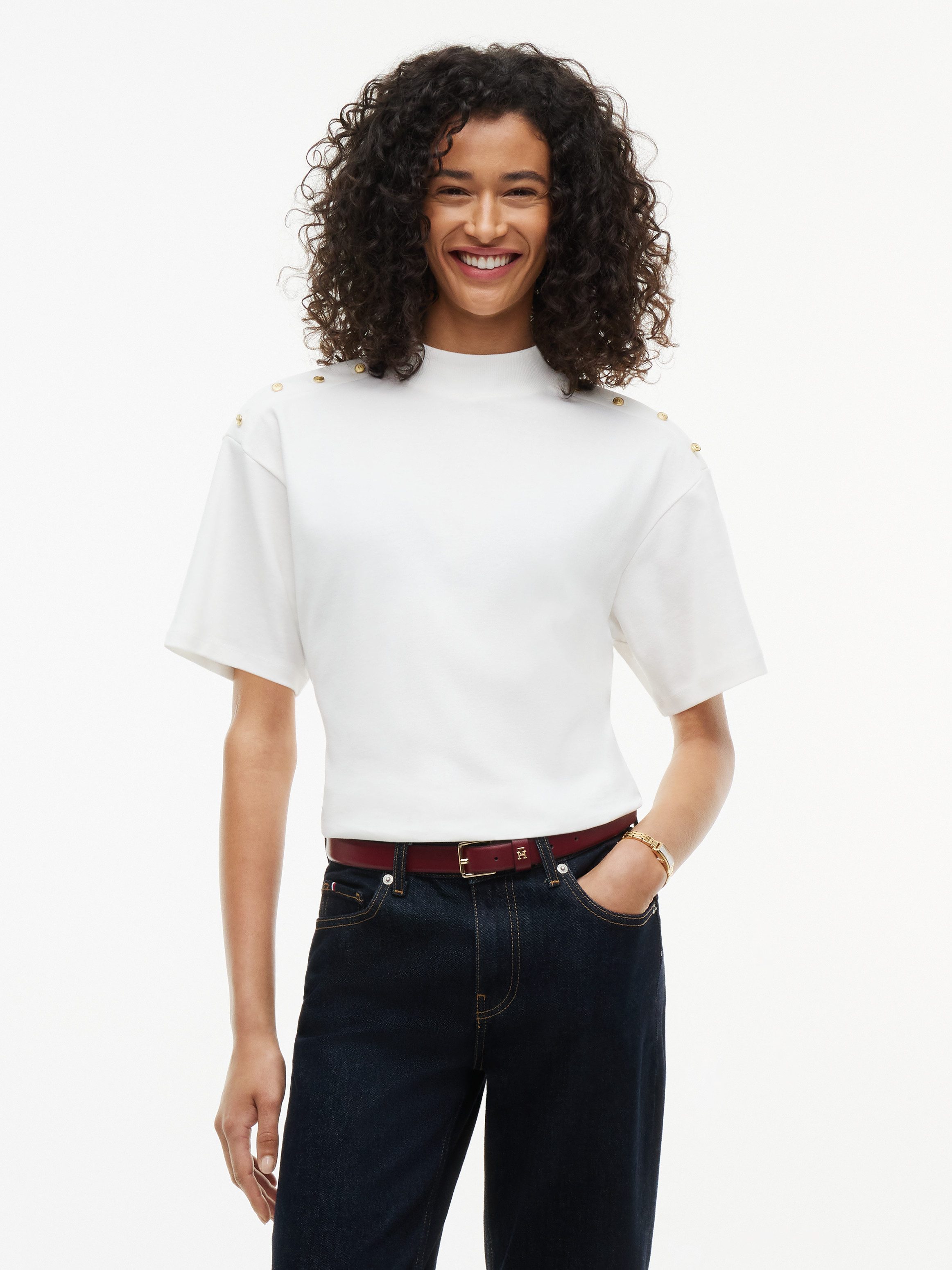 Tommy Hilfiger T-Shirt GOLD BUTTON HIGH-NK S/S TEE Baumwolle