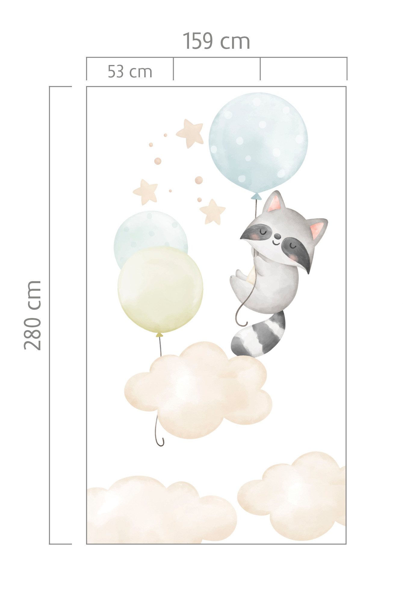 Rasch Fototapete Kinderzimmer mit Wolken, Waschbär und Luftballons in Beige und Blau, strukturiert, gemustert, (1 Rolle, 1 St), Ballons