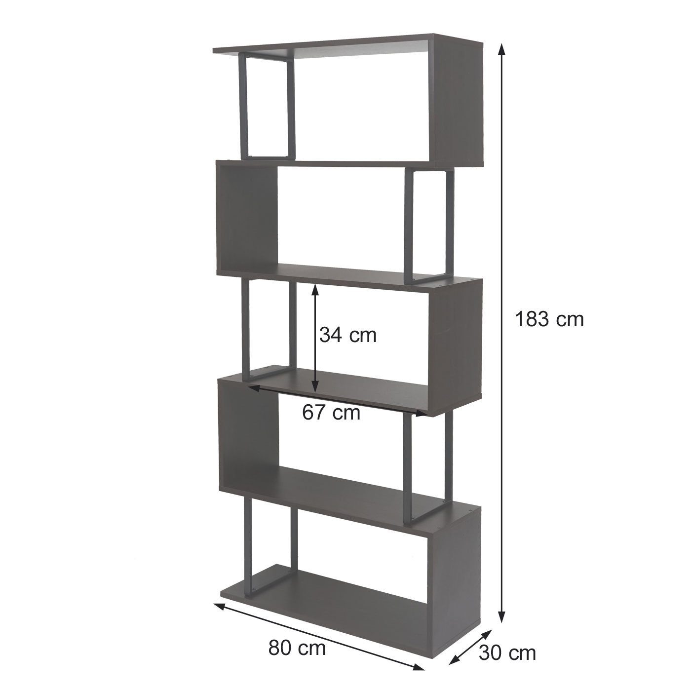 Wildeiche-Optik, Metall Oberfläche | grau MCW Inklusive Bodenschoner Bücherregal Struktur, Stauraum, mit schwarz Viel MCW-A27-b, 3D
