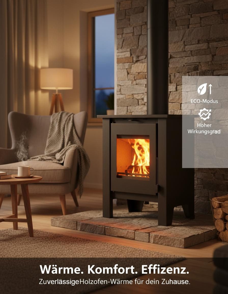 NEMAXX Holzpellets H8 Belüfteter Holzofen Schwarz 7,6 kW 50–90 m² Warmluftgebläse, 1 kg, (Tangentiallüfter 2–stufig–Primär-/Sekundärluft–EEK A–76 %–Ø 150 mm), Vermiculite-Auskleidung – Keramikglas 850 °C