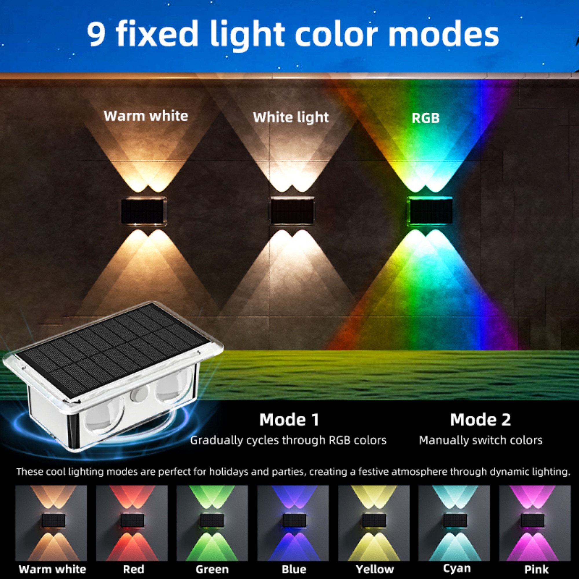 ibettertec LED Außen-Wandleuchte Solar nfür, Up and Down Solarlampen für Außen Wand, 2/4 Stück, IP66 Wasserdicht, 4 LEDs, 9 Farbmodi Solarleuchten für Garten Hof Terrassen Balkone Veranden