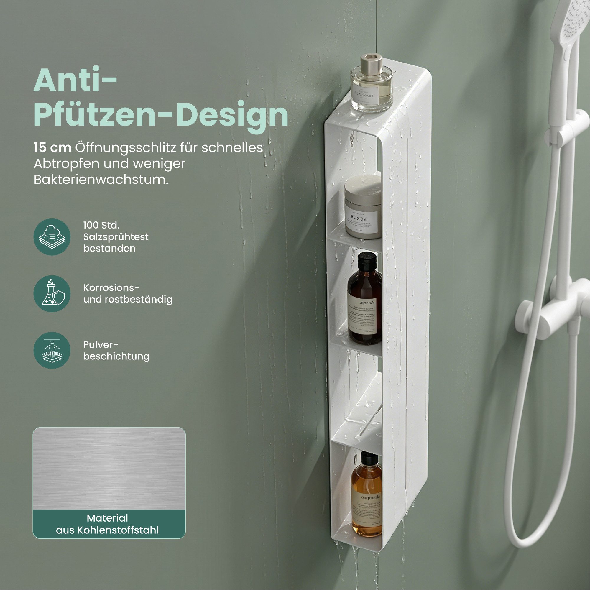 Mai & Mai Duschregal Duschablage schmal mit 4 Ablagen in Weiß hoher Ebenenabstand Reglo-16, 15 cm lange Ablauföffnungen für schnellen Wasserabfluss – Bild 3 von 5