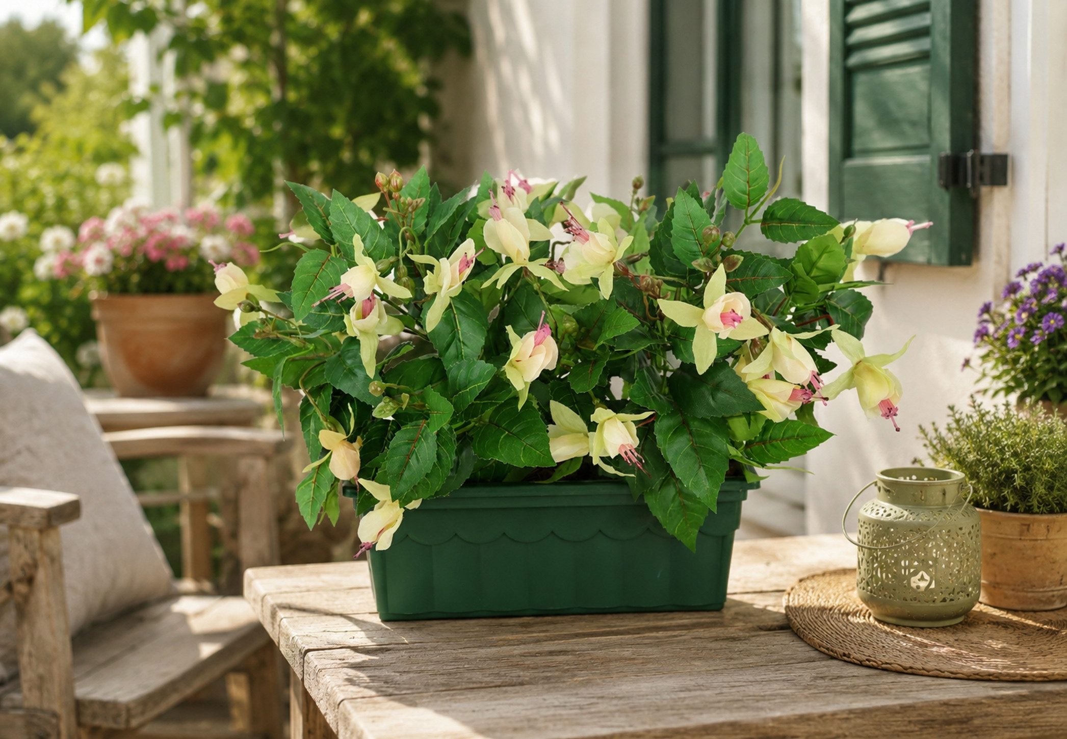 Kunstblume Fuchsien im Kasten 29cm Künstliche Zierpflanze Kunstpflanze Fuchsie, I.GE.A., Höhe 29 cm, Zimmerpflanze Blüten Blumen Seidenblumen Unechte Deko Topfpflanze