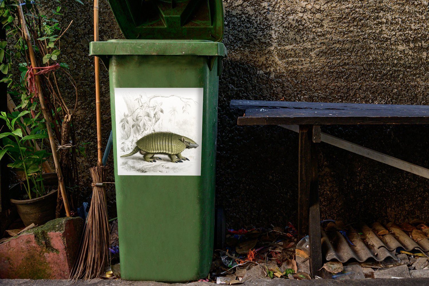 St), einem vor MuchoWow Illustration Eine eines Gürteltiers Sticker, Container, schwarz-weißen Abfalbehälter Mülltonne, (1 Wandsticker Mülleimer-aufkleber,