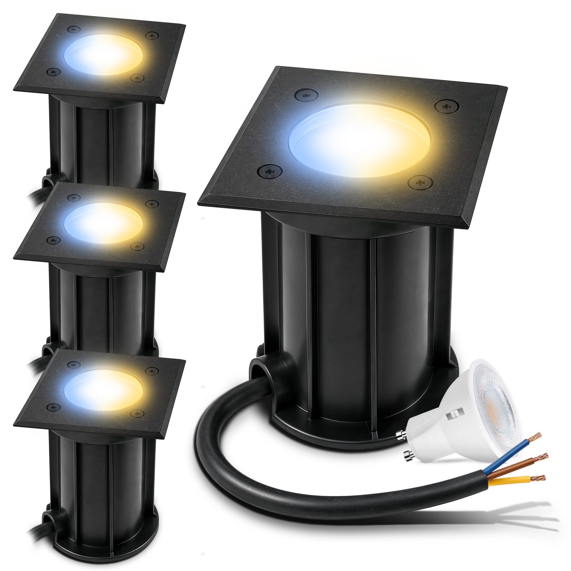linovum LED Gartenstrahler 4x BOQU Bodeneinbaulampe LED LumiFLEX GU10 3CCT warm neutral kalt IP67, Tageslichtweiß, Warmweiß, Neutralweiß