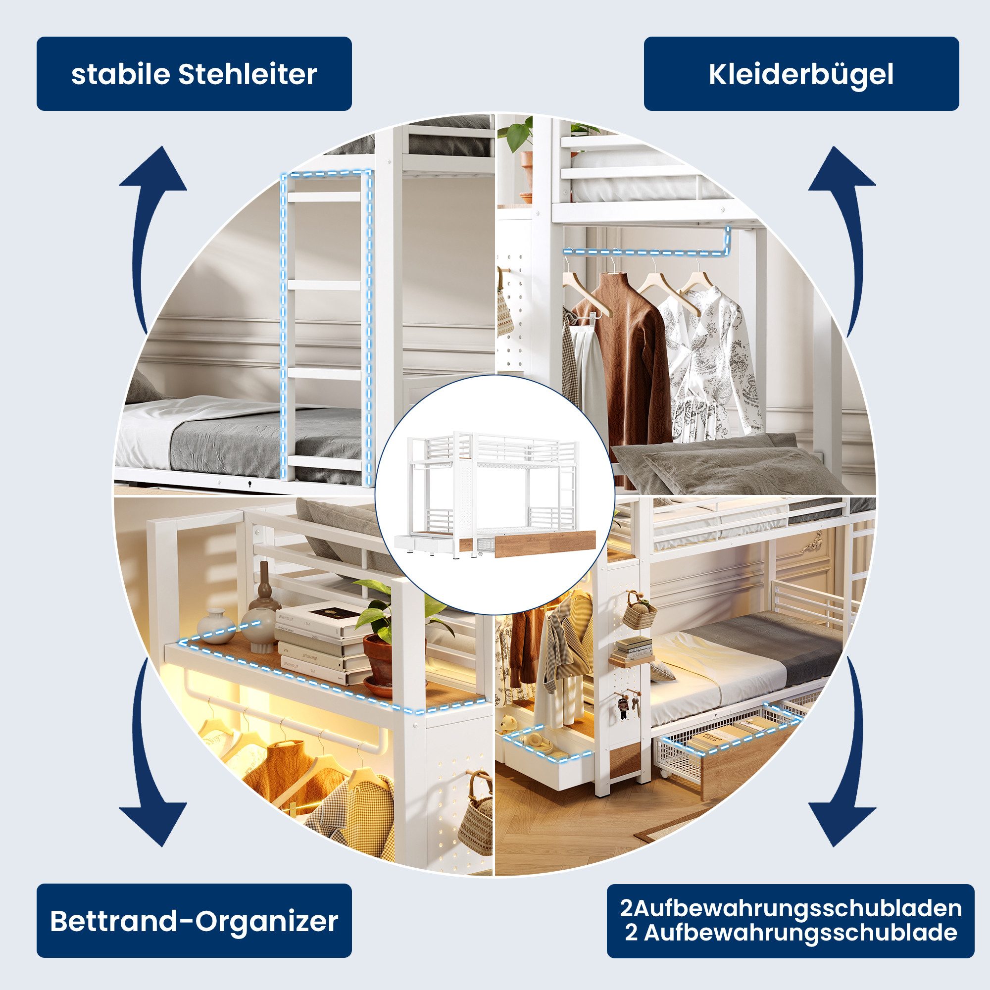 Celya Hochbett Etagenbett, mit LED-Lichtleiste und 2 Schubladen (ohne Matratze, mit einem separaten seitlichen Kleiderhakenbereich) ideal für Kinderzimmer, Jugendzimmer, Gästezimmer oder Wohnheimmer
