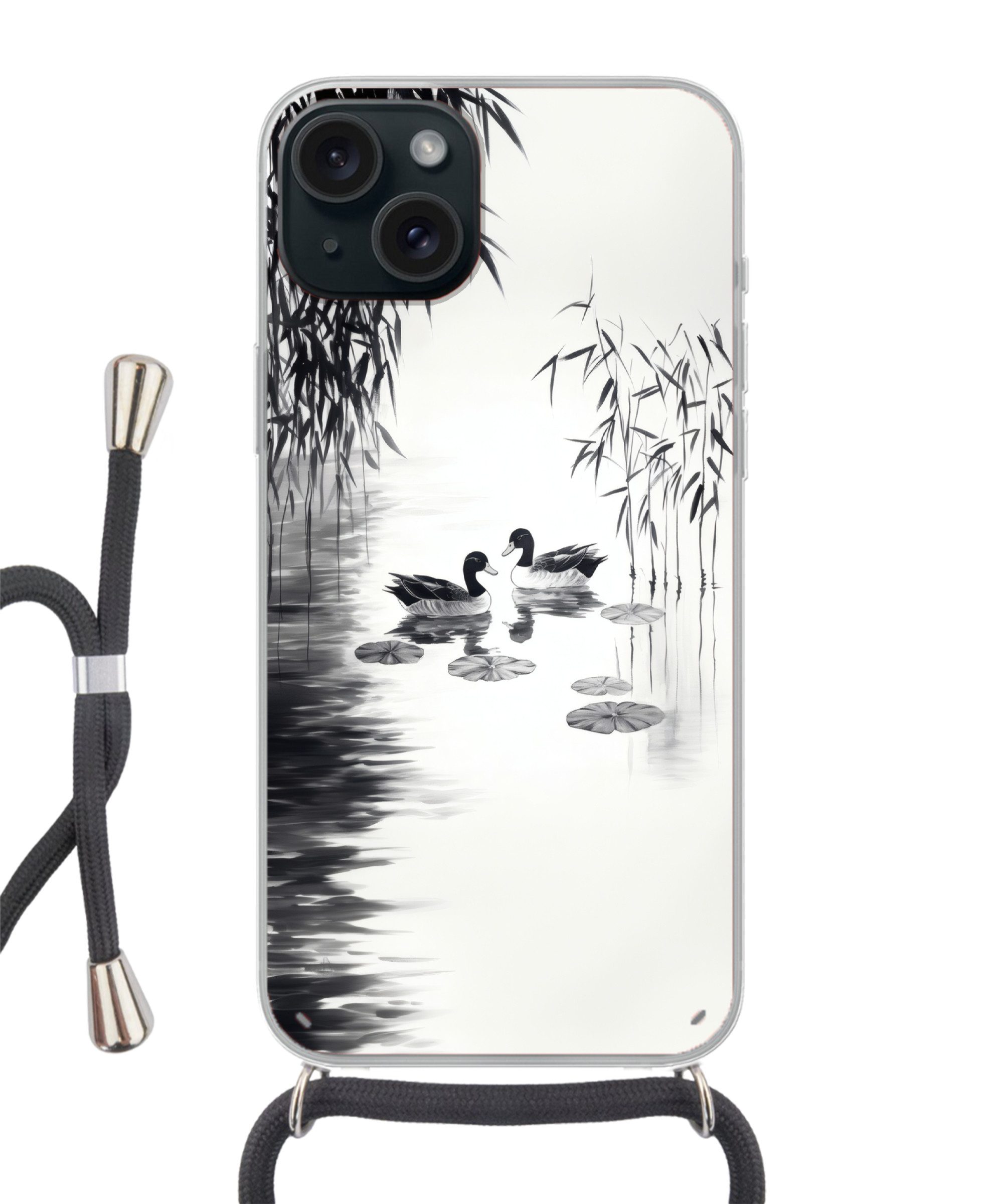 MuchoWow Handyhülle für Apple iPhone 15 Plus Enten - Seerosen - Schilf - Schwarz, Tragbare Handyhüllen mit Kette zum umhängen, Handykette Handyband