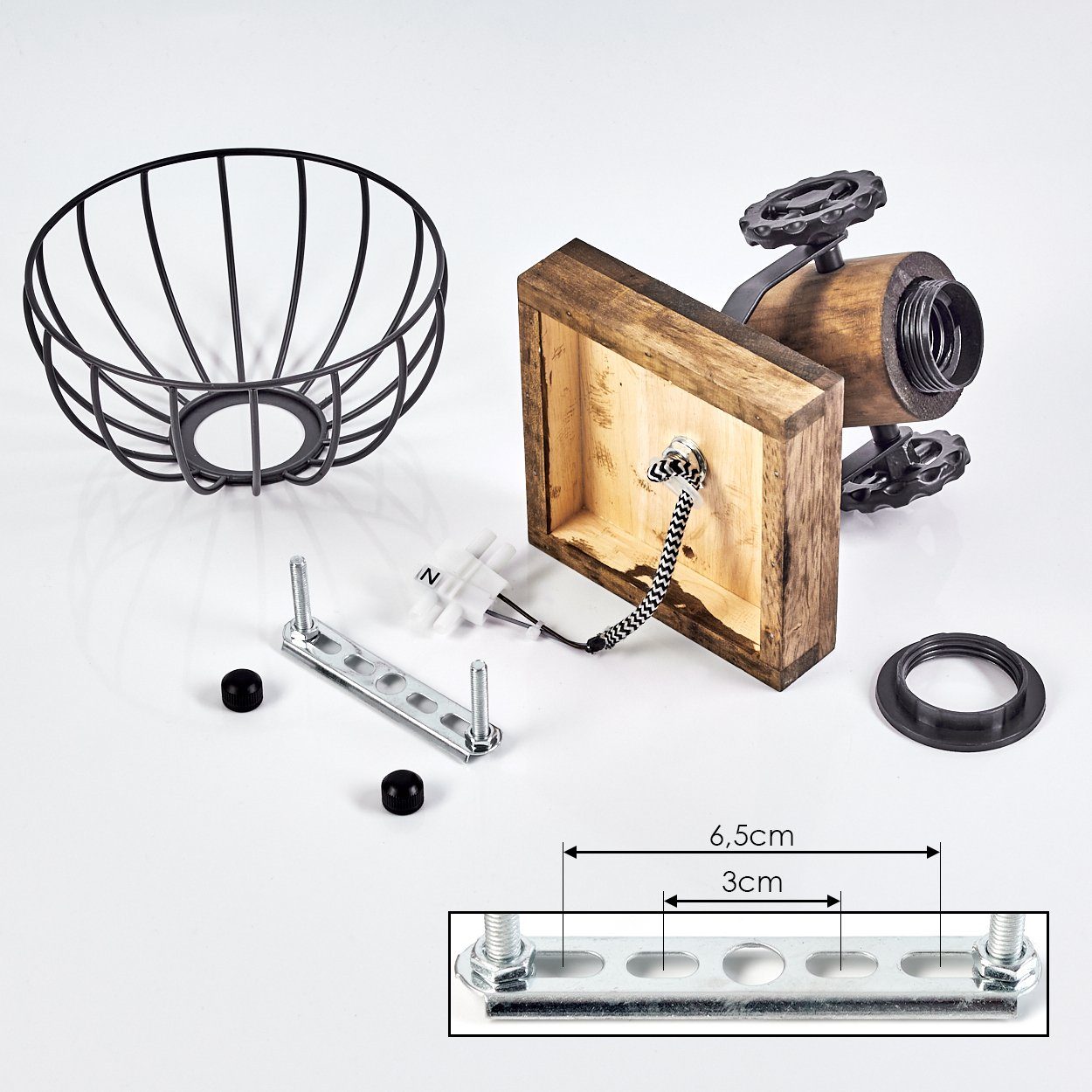 Textilkabel, ohne m. hofstein E27 »Cotes« Holz/Metall Lichteffekt, in Gitter-Optik, Leuchtmittel, verstellbarer Holzbalken, Braun/Schwarz Strahler, Wandlampe Wandleuchte aus