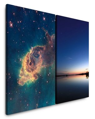 Sinus Art Leinwandbild 2 Bilder je 60x90cm Nebula Universum Weltall Sterne Horizont Meer Sonnenuntergang