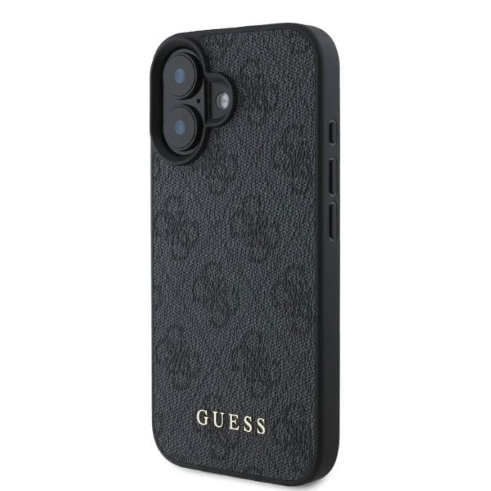 Guess Handyhülle iPhone 16 Kunstleder grau Muster Logo goldfarbig 6,1 Zoll, Kantenschutz