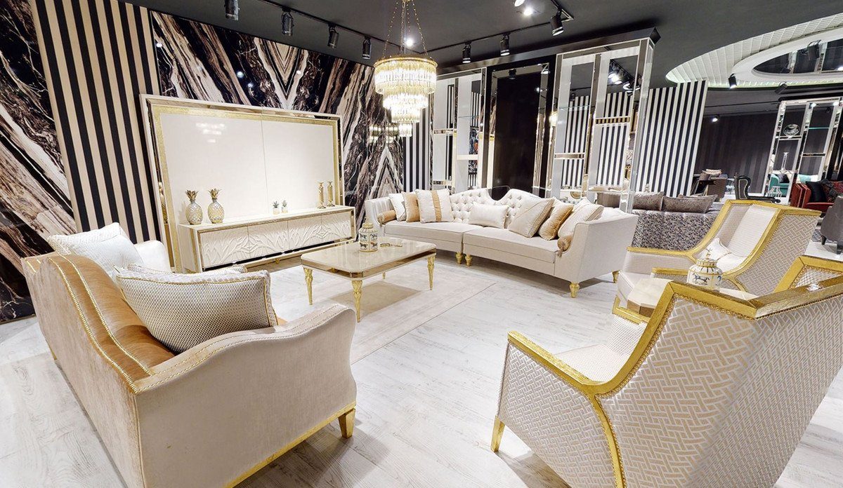 Gebogenes Casa Sofa Sofa / Wohnzimmer Gold Luxus Luxus & Möbel Barock Barock Weiß Padrino - - Sofa Hotel Sofa Wohnzimmer - Hotel