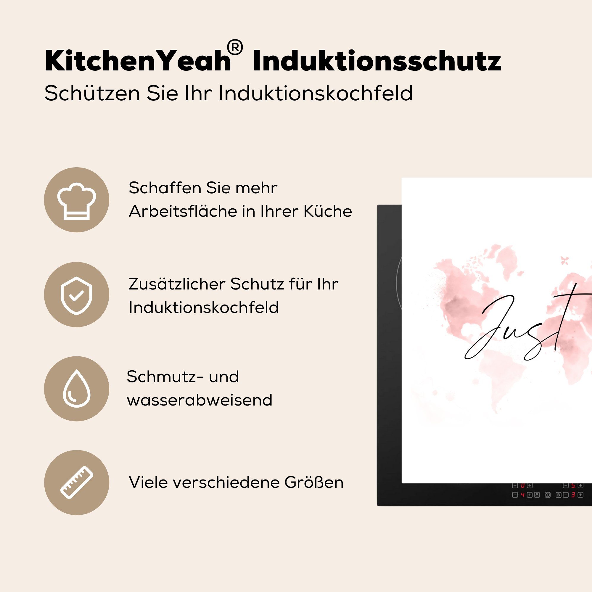 - - - Vinyl, tlg), Karte MuchoWow (1 Zitate, Aquarell Ceranfeldabdeckung, Herdblende-/Abdeckplatte Arbeitsplatte 78x78 cm, Rosa für küche