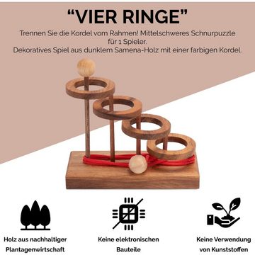 Logoplay Holzspiele Spiel, Vier Ringe - Schnurpuzzle - Knobelspiel aus Holz mit stabilem FußHolzspielzeug