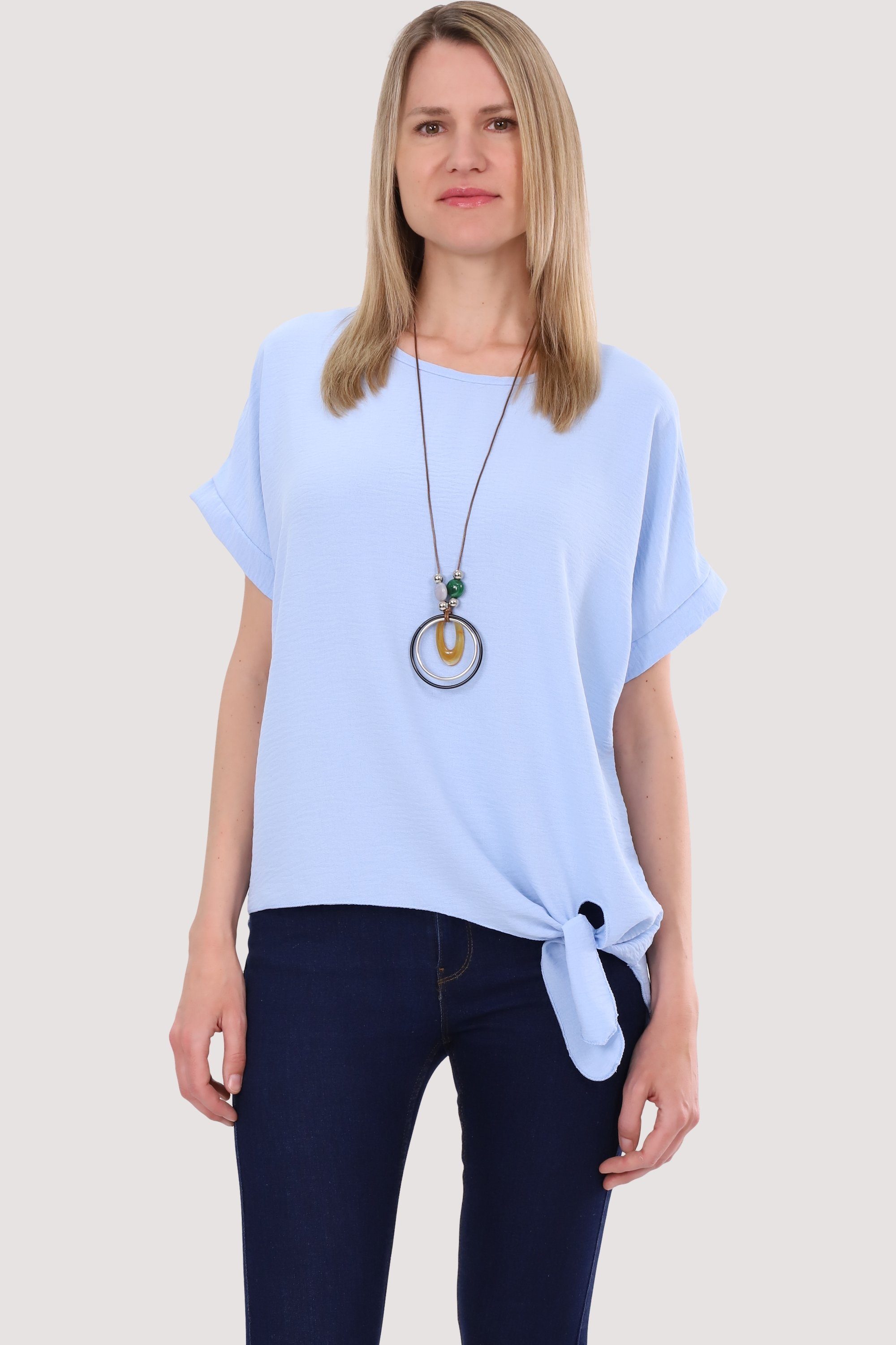 malito more than fashion Blusenshirt 10508 mit Bindeknoten und Kette Einheitsgröße hellblau