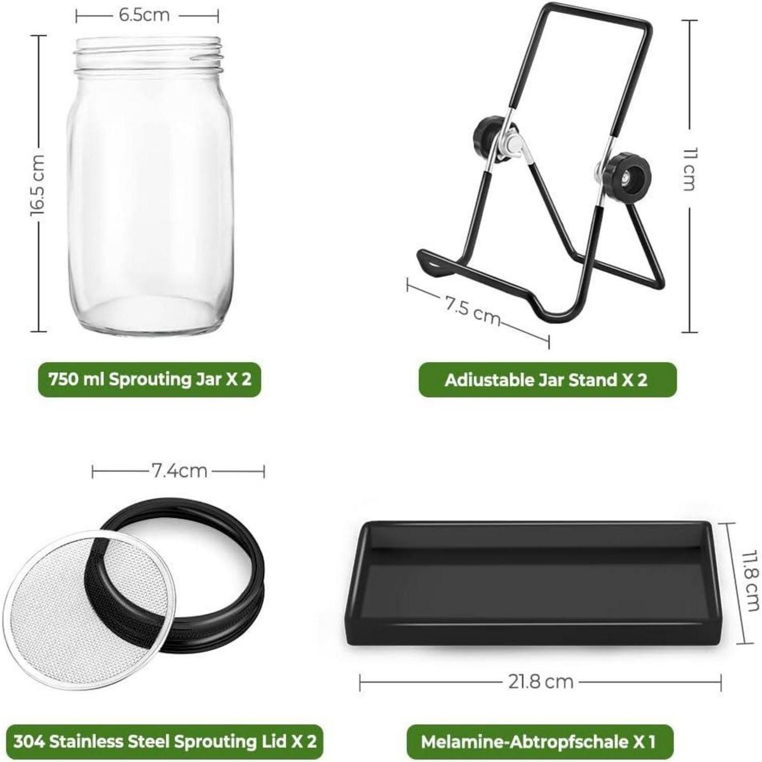 LuxusKollektion Einweggläser Sprossen Keimglas Schwarz 2er Set Sprouting jar 750ml