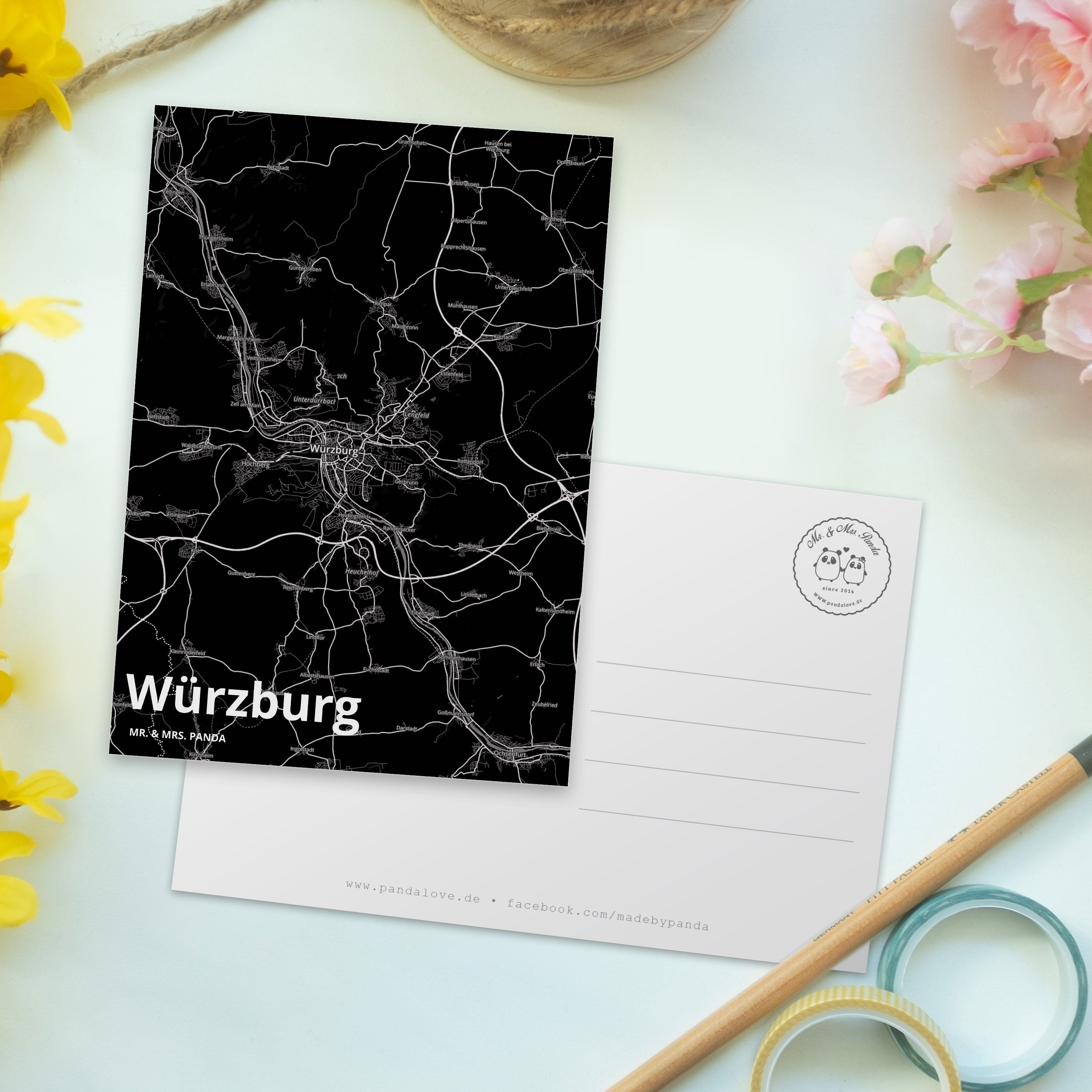 Stadt - Map Landkarte Postkarte Würzburg Geschenk, Dorf Karte Mr. S Panda Mrs. Ort, Grußkarte, &