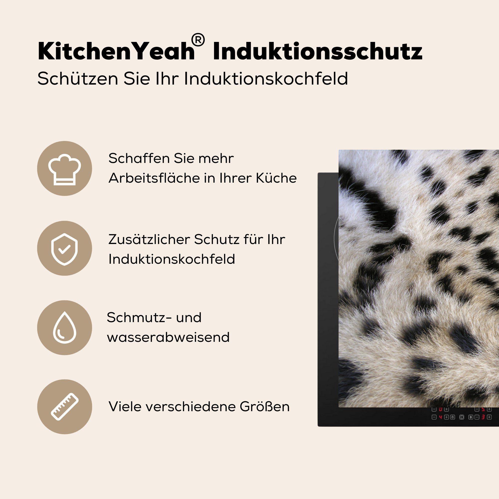 MuchoWow Herdblende-/Abdeckplatte Leopard - Pelz Mobile tlg), 70x52 cm, Vinyl, Ceranfeldabdeckung Pantherdruck, (1 nutzbar, - Arbeitsfläche