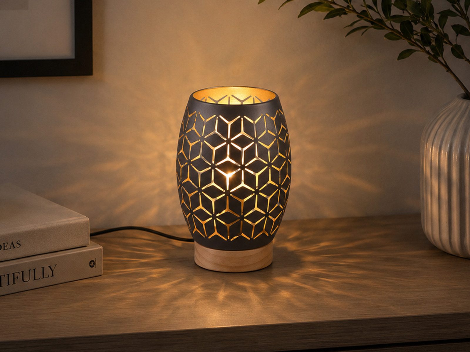 Reality Leuchten LED Nachttischlampe, Dimmfunktion, über Schalter in 3 Stufen dimmbar, LED wechselbar, warmweiß, klein-e besondere mit Holz-fuß für Fensterbank & Wintergarten, H: 21cm