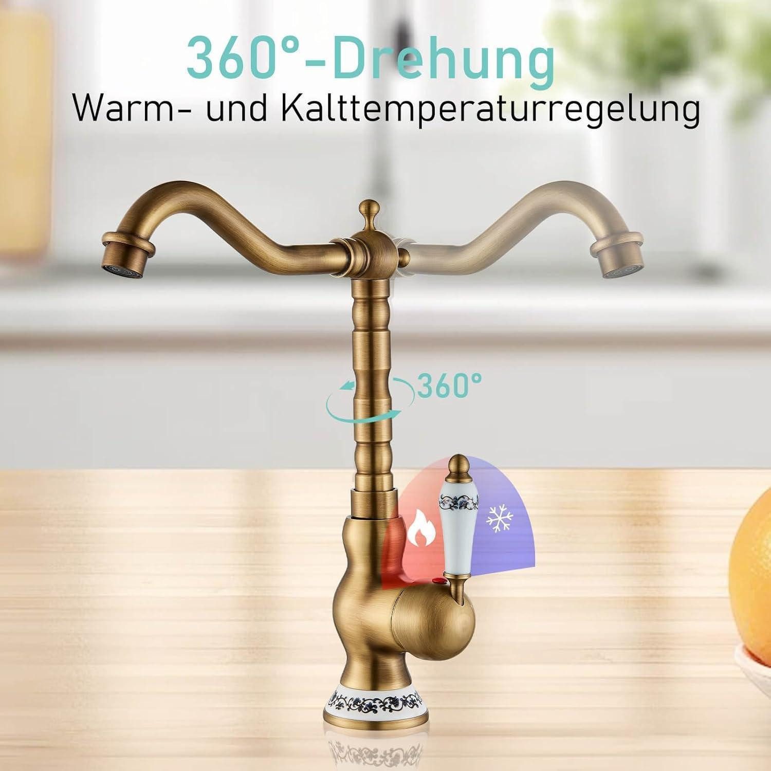 LuxusKollektion Waschtischarmatur Mischbatterie Waschbeckenarmatur Wasserhahn Keramik Antik Messing