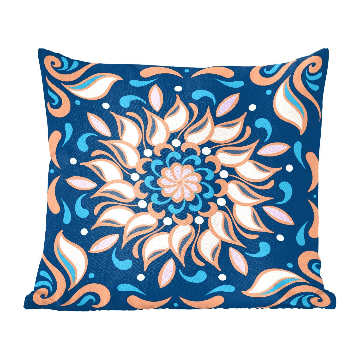 MuchoWow Dekokissen Sonnenblumen - Blätter - Orange - Blau, Zierkissen mit Füllung für Wohzimmer, Schlafzimmer, Deko, Sofakissen