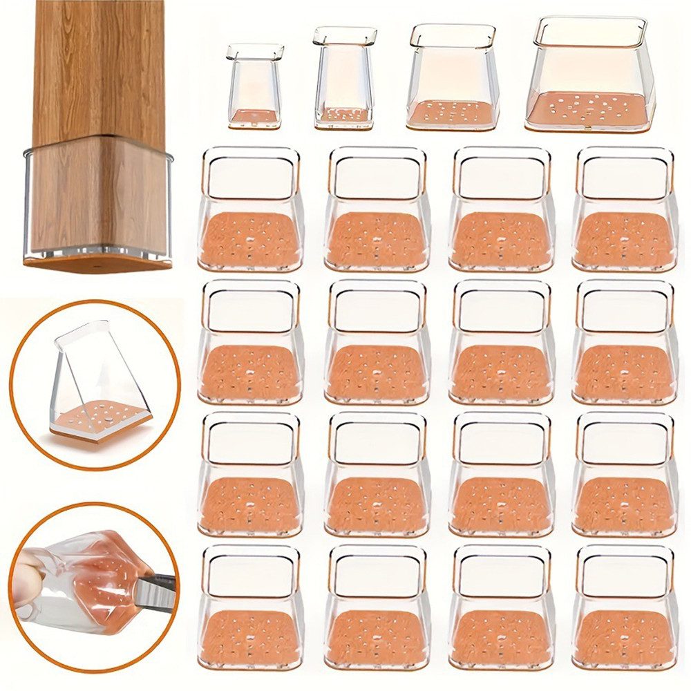 Venkuber Möbelfuß Stuhlbeinkappen Eckig,10 Stück Stuhlbeinschoner Stuhlhusse, (Silikon Transparent mit Filz), Schutzkappen für Stuhlbeine für Hartholzböden