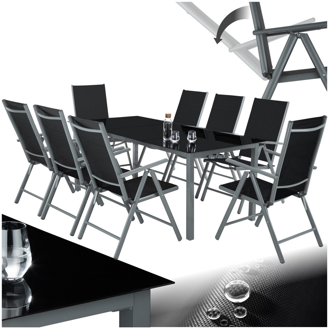 tectake Essgruppe Aluminium Sitzgruppe - Wetterfeste Gartenmöbel, (Loungeset Pompeii, 9-tlg., in Anthrazit), klappbare Stühle mit 8-fach verstellbarer Rückenlehne