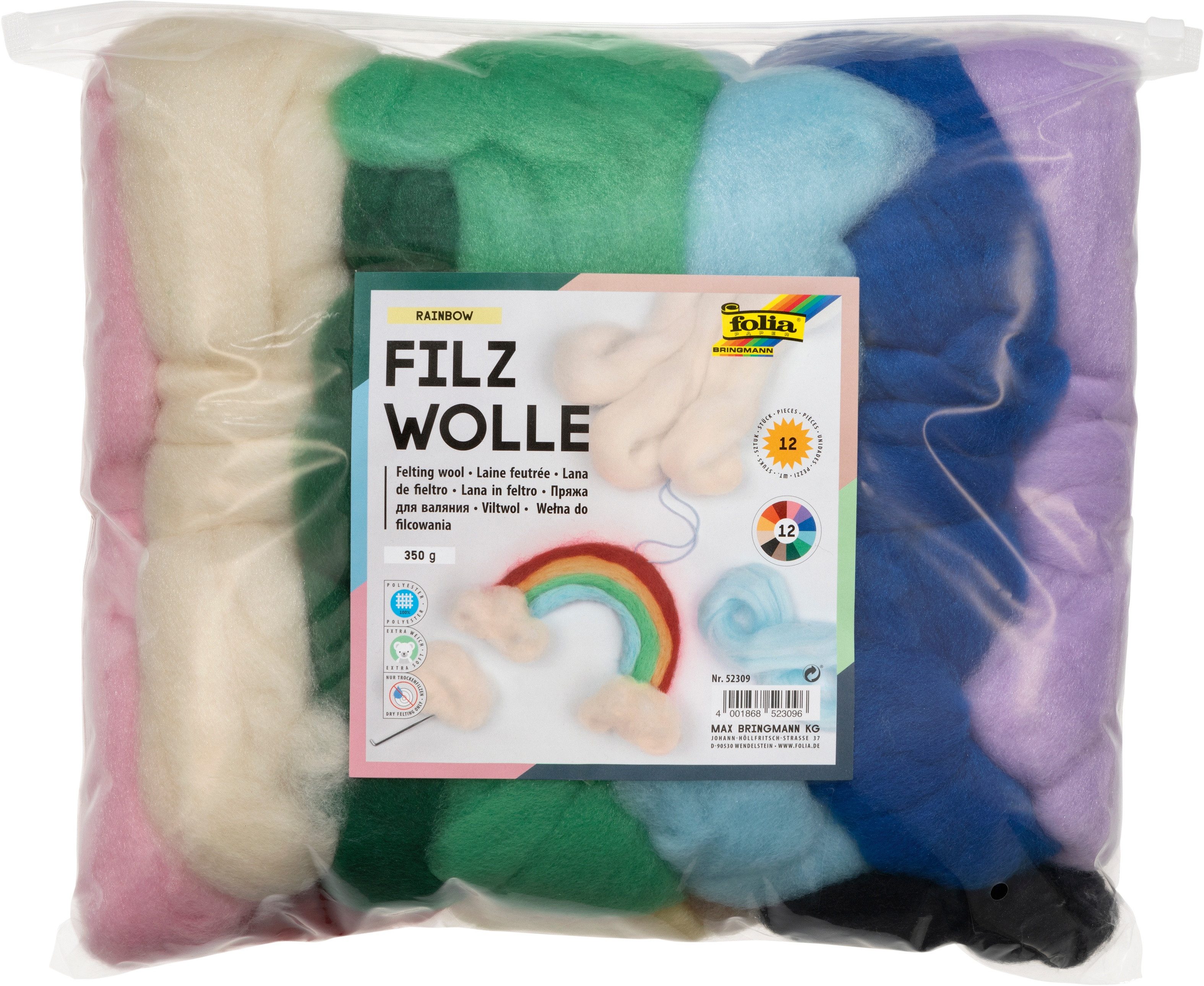 Folia Filzwolle „Regenbogen", 12 Farben, 350 g Häkelwolle