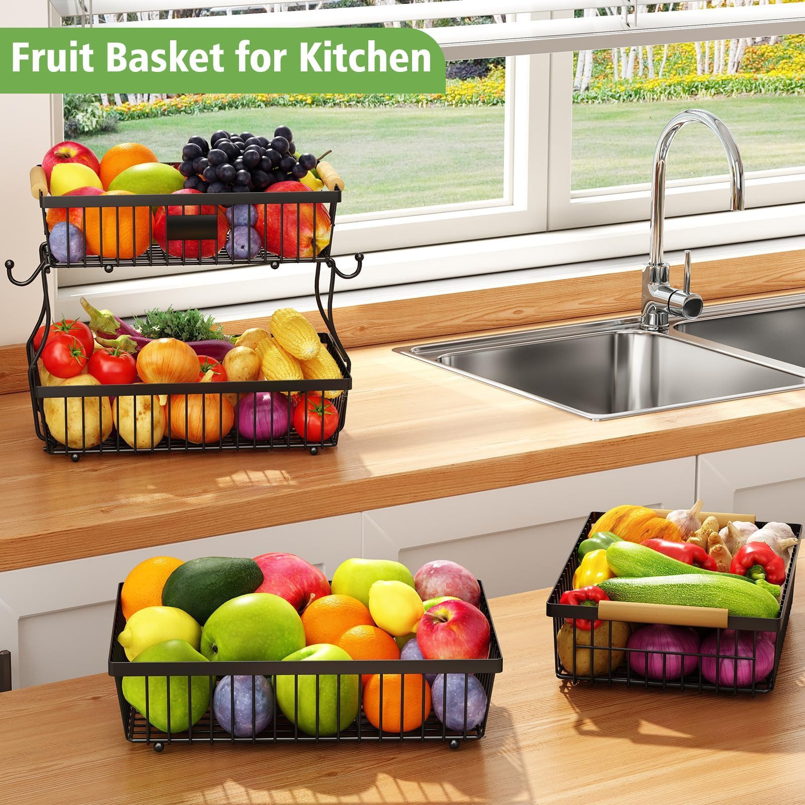 SURFOU Obstschale 2-stöckiger Obstkorb mit haken abnehmbar Metall Organizer Obst Etagere, Kohlenstoffstahl, (mit Holzgriff und 2 Bananenhängern, für Obst, Gemüs – Bild 3 von 5