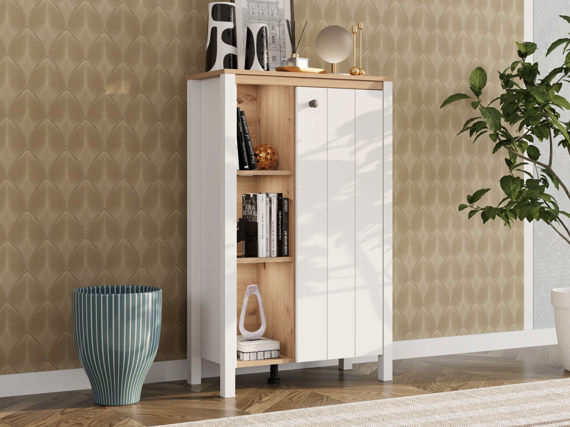 Home affaire Highboard BEDFORD, Hochkommode, Vitrine, Glasvitrine, Kombi-Highboard, MDF-Profil 2D ummantelt, Hotstamping