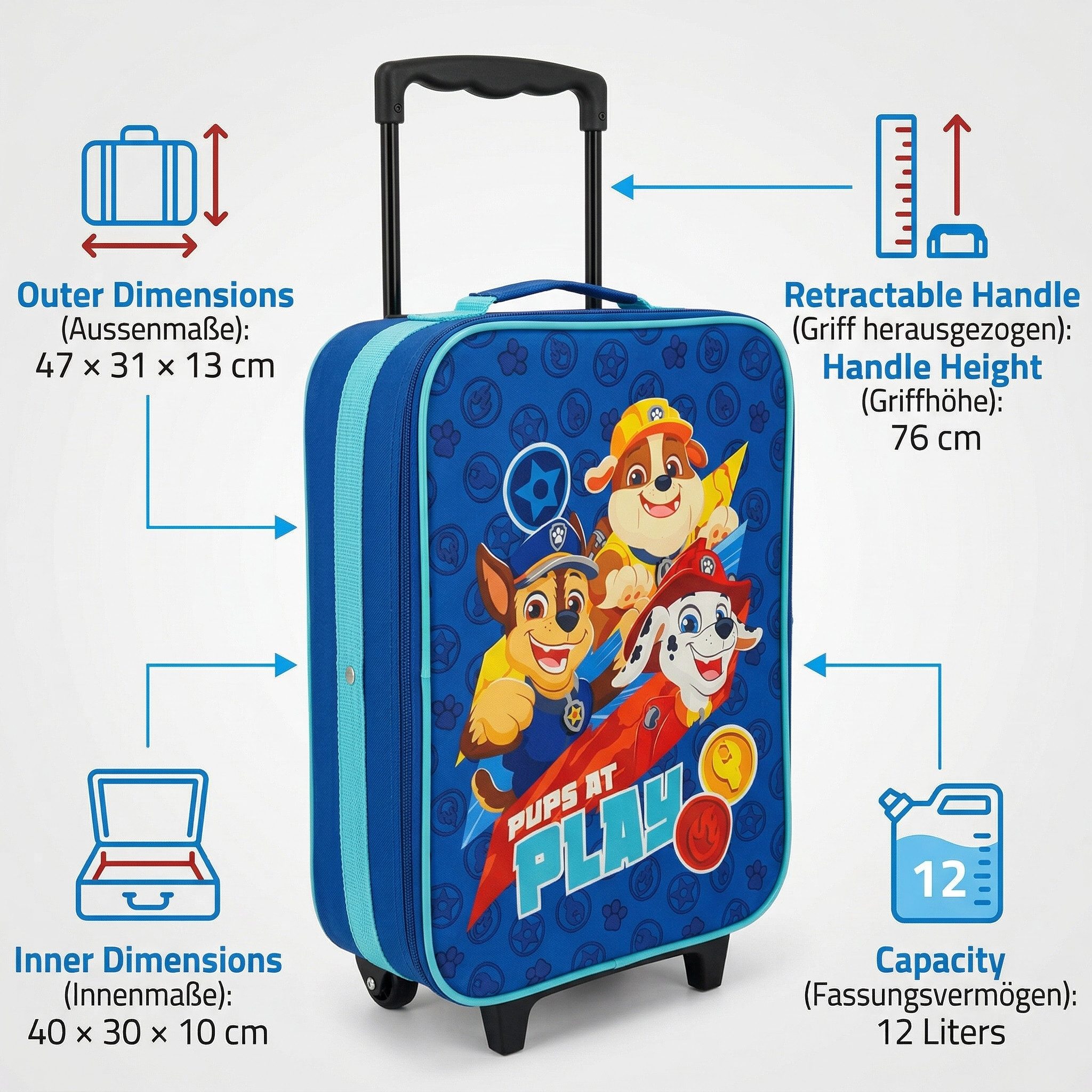 PAW PATROL Kinderkoffer Trolley Kindertrolley Kinder Koffer Handgepäck Pawpatrol Blau 12 L, 2 Rollen, Rundumöffnung, Spanngurt, Teleskopgriff, Leicht