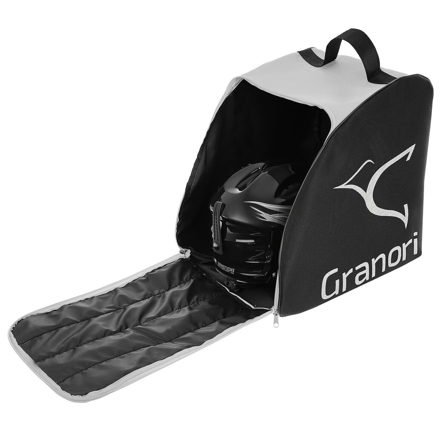 Außenfach Skirucksack Grau-Schwarz mit und Entwässerungsöffnung für und Helm Skistiefel und Skischuhtasche (gepolstert Granori abschließbar),