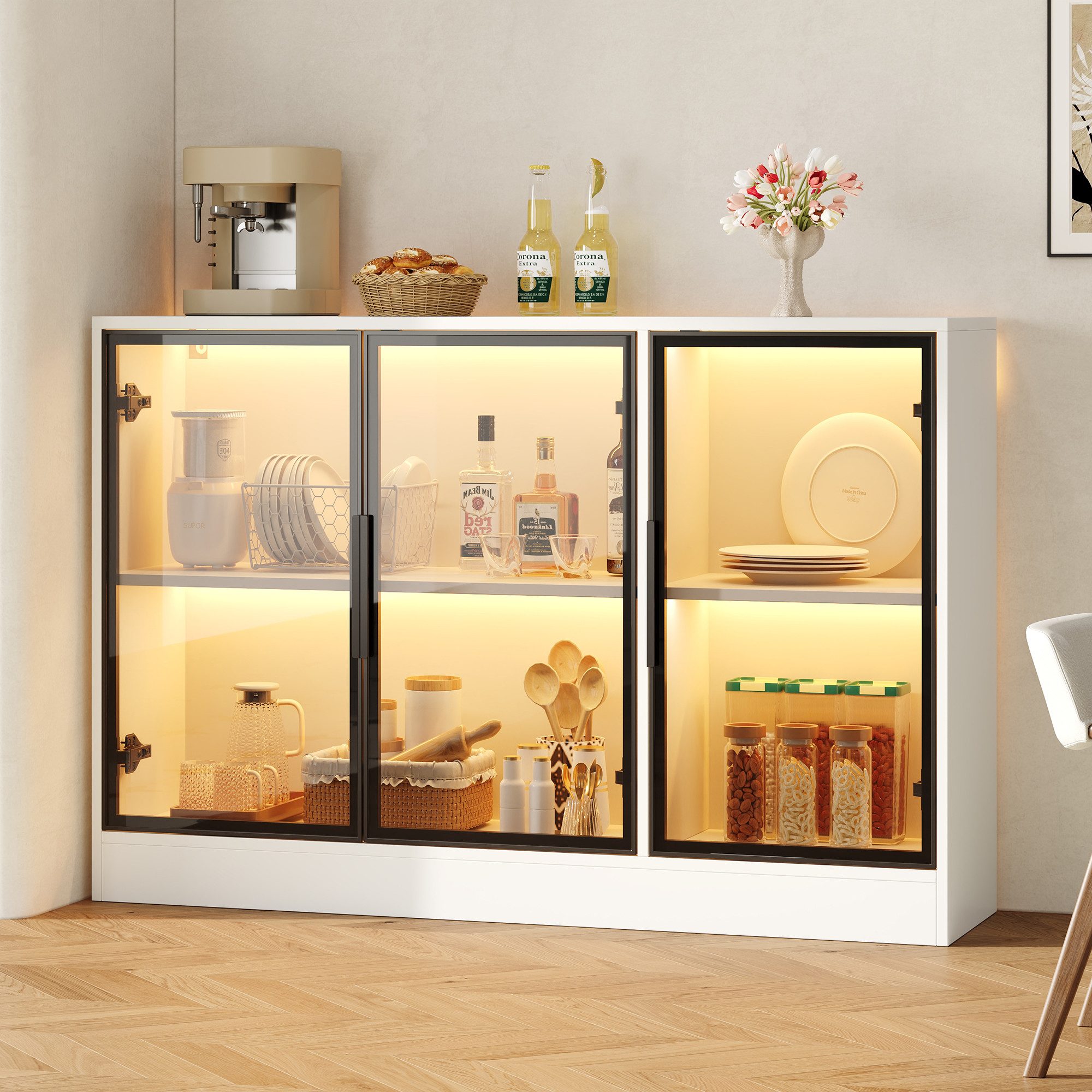 Celya Glasvitrine 120 x 30 x 73 cm mit grauen Glasfronten und integriertem LED-Lichtband (Highboard, Präsentationsschrank oder Buffetschrank, sideboard)