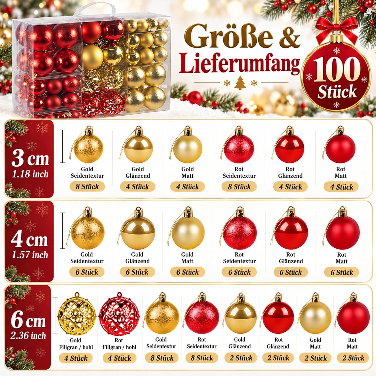 lindahandel Weihnachtsbaumkugel 100er Set Christbaumkugeln aus Plastik in Gold & Rot, inkl. Aufhänger, Christbaumkugeln Gold Rot,Kugeln Weihnachtsbaum,Christbau – Bild 3 von 5