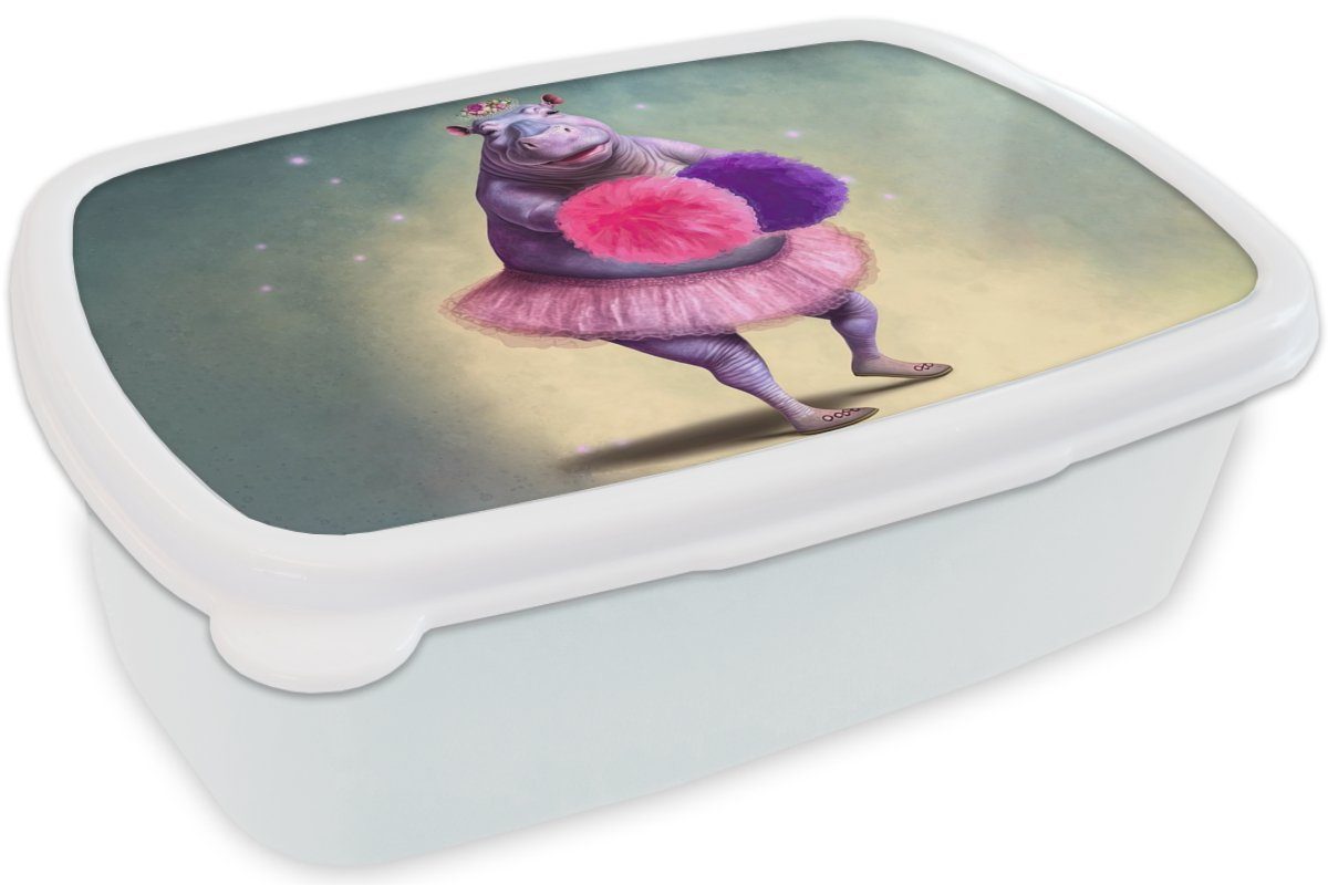 MuchoWow Lunchbox weiß Pompons Mädchen - (2-tlg), Brotdose, - Blumen - für - Erwachsene, für Porträt - und Ballerina und Kinder Nilpferd Kinder, Kunststoff, Jungs Brotbox