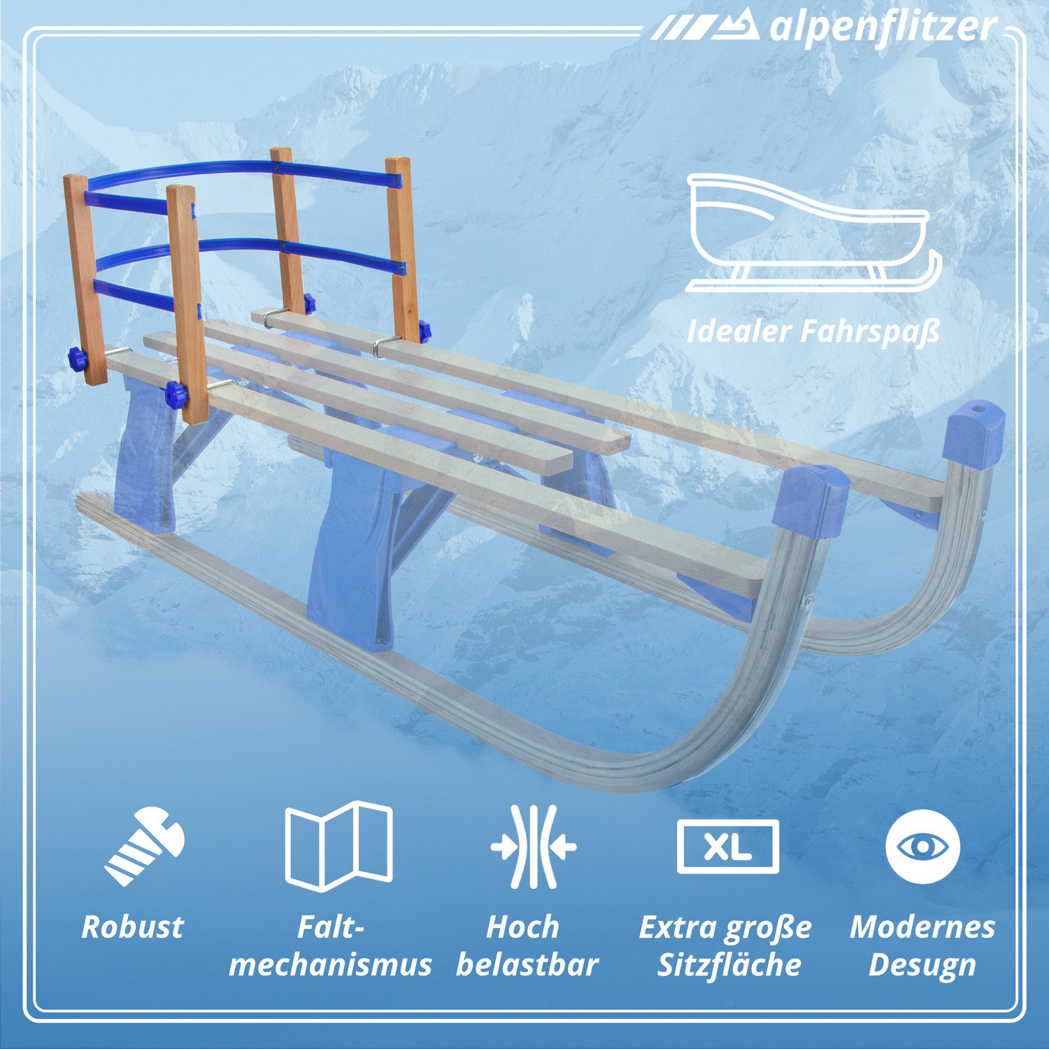 Alpenflitzer Schlitten ALPENFLITZER XXL Rodel Holz faltbar 110 cm – Klappschlitten Holz, Davoser Rodel 100 cm