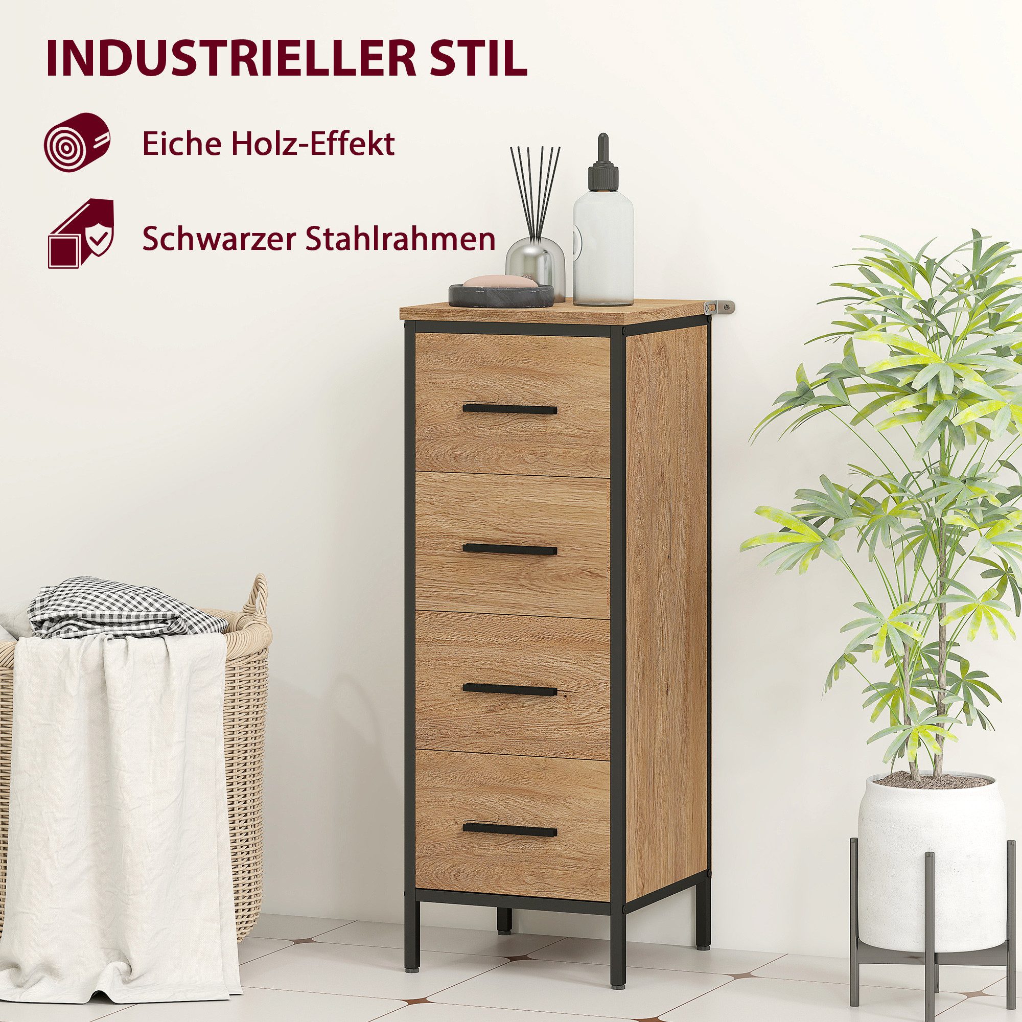 HOMCOM Badkommode Toilettenschrank Beistellschrank mit 4 Schubladen, Nischenschrank (Badezimmerschrank, 1 St., schmal Badschrank), für Badezimmer, kleine Räume, – Bild 5 von 5