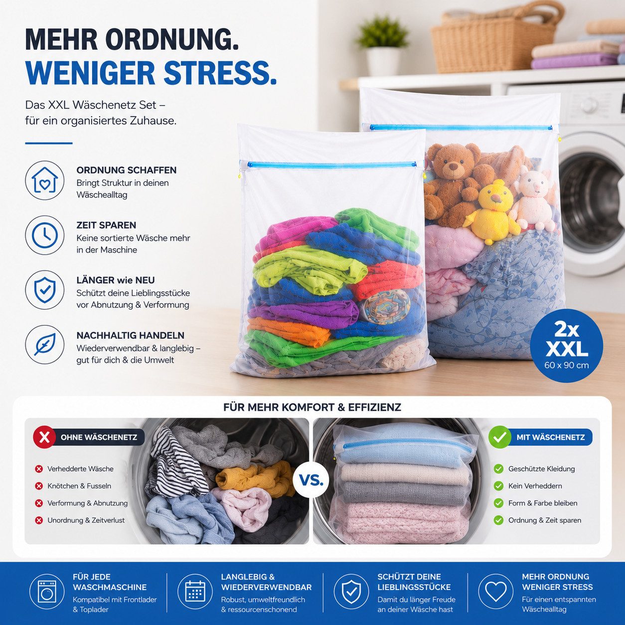 Everhomely® Wäschenetz 2x XXL Wäschenetz Set 60x90 cm - Waschsack mit Reißverschluss,(Set, 2-St., 2 Stück), XXL Größe - 60 x 90 cm
