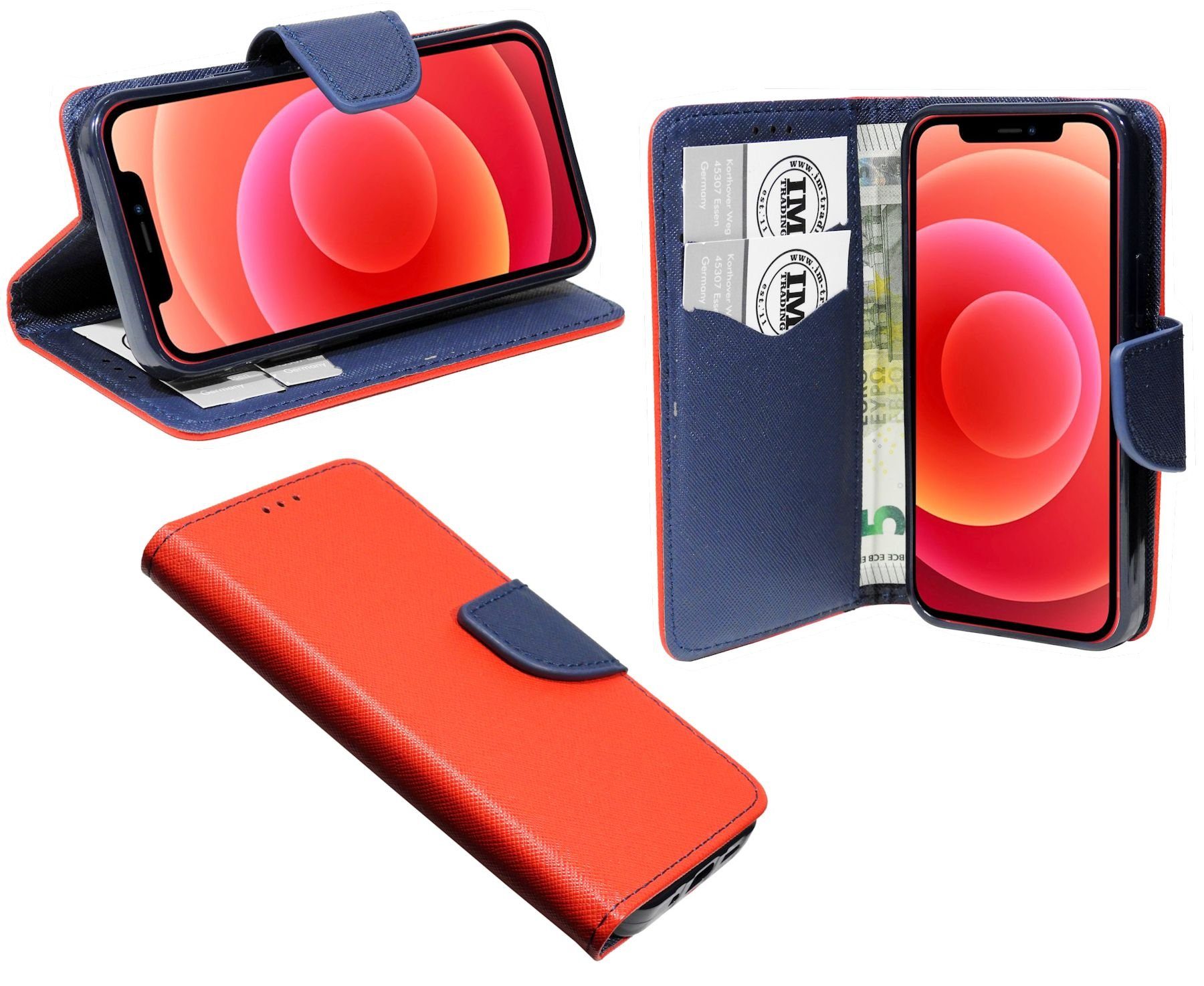 cofi1453 Handyhülle cofi1453® Buch Tasche "Fancy" für iPhone 12 Pro Handy Hülle Etui Brieftasche Schutzhülle mit Standfunktion, Kartenfach Rot-Blau