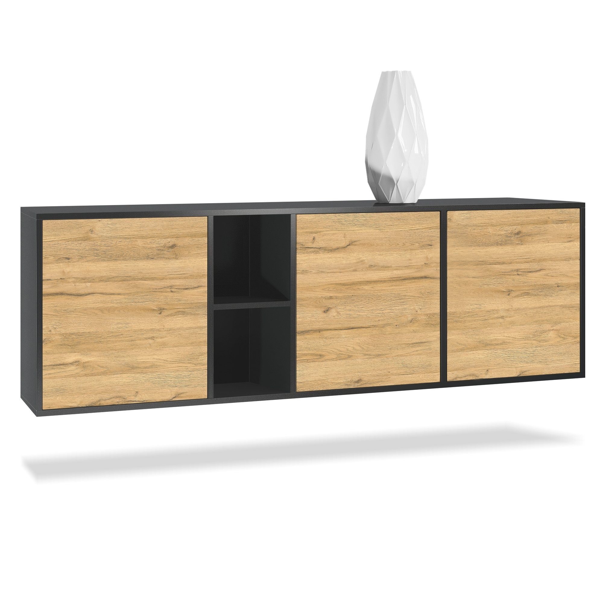 Vladon Sideboard Cuba (Kommode, mit 3 Türen und 2 offene Fächer), Schwarz matt/Eiche Natur (182 x 53 x 35 cm)