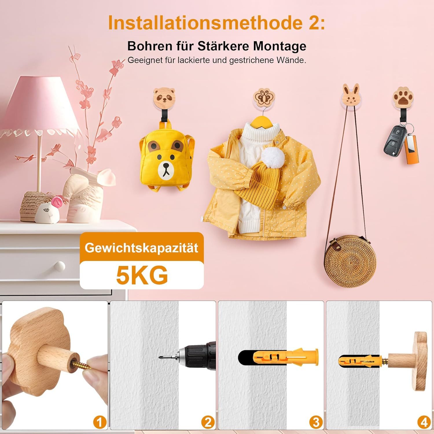 BlingBin Kleiderhaken 5pcs Holz Kleiderhaken Kinder Selbstklebender Wandhaken in Tiere-Form, Türen, Wand, (5 Stück, 5-St., 5pcs), Garderobenhaken Kleiderhaken W – Bild 4 von 5