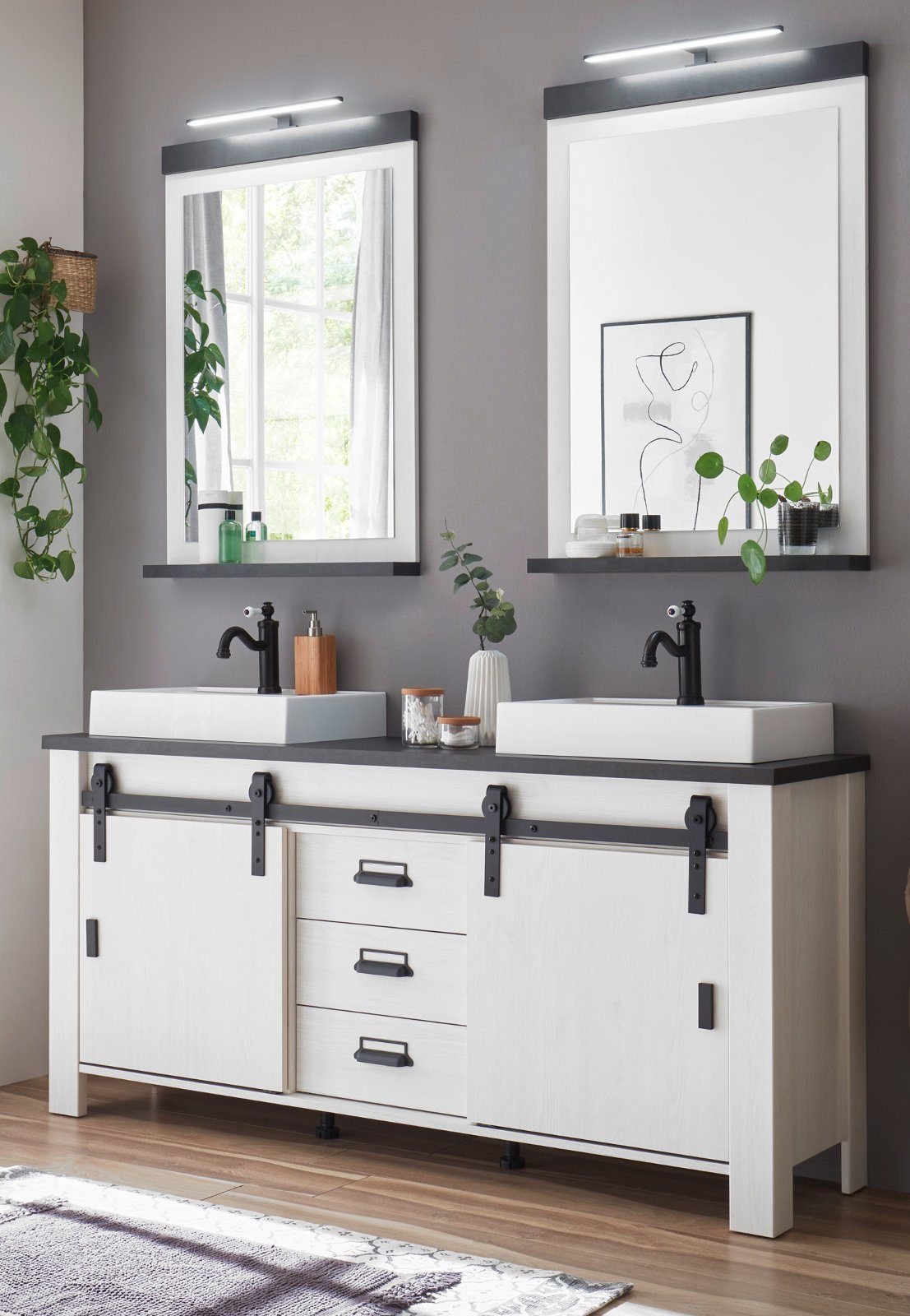 Furn.Design Badezimmer-Set Stove, (Komplett-Set, in Pinie weiß Landhaus), mit Beleuchtung, inkl. 2x Waschbecken