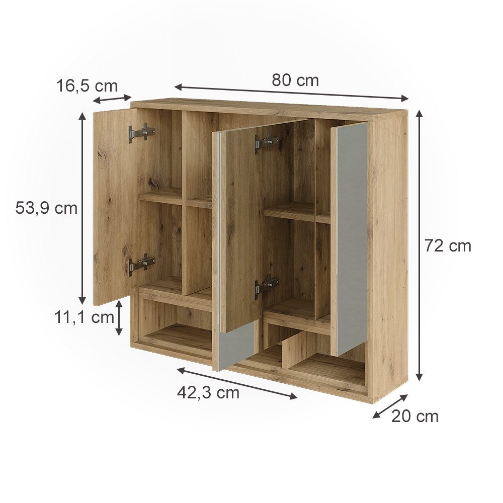 Vicco Badezimmerspiegelschrank Beatrice, Cashmere/Artisan-Eiche, 80 x 72 cm mit 3 Spiegeltüren (1-St)