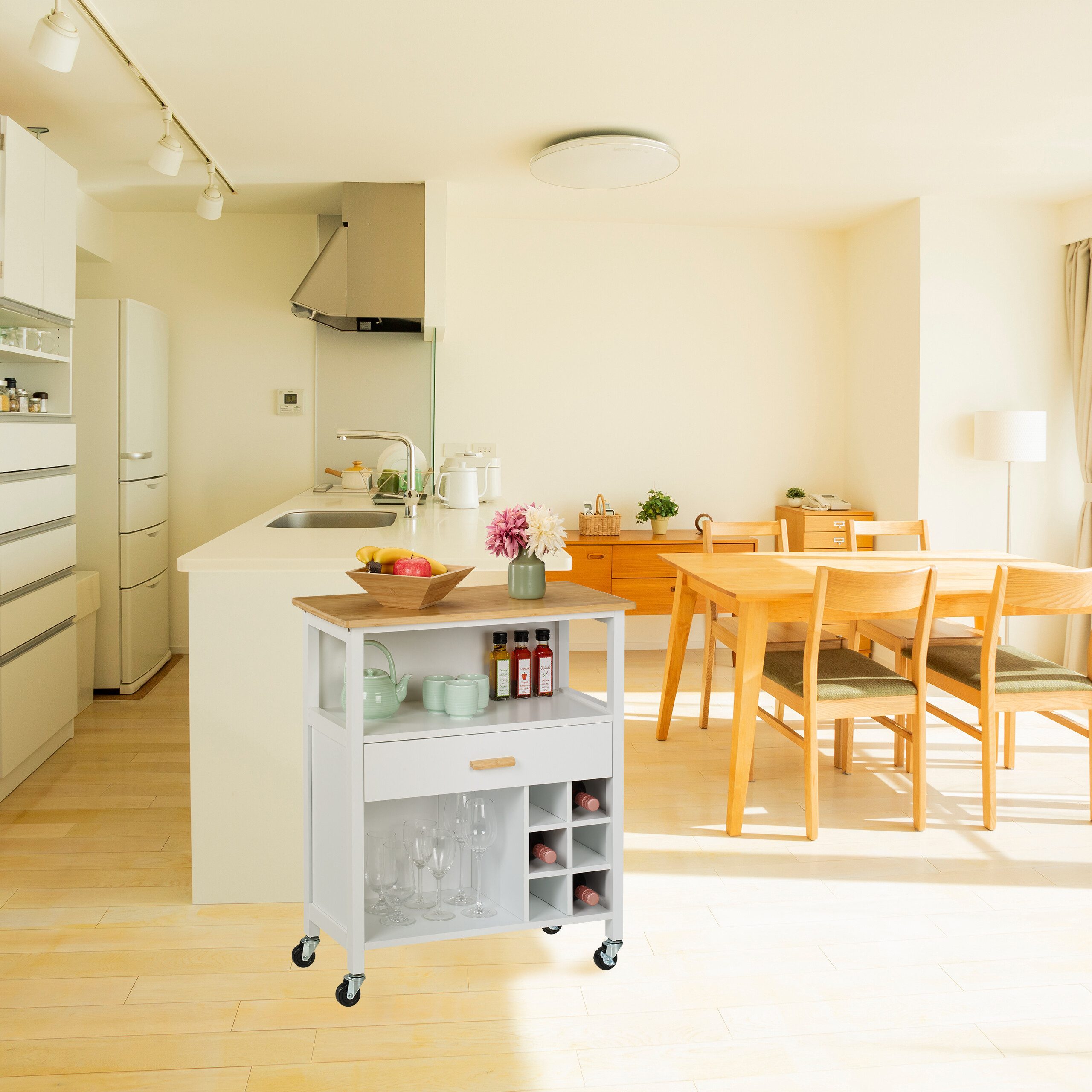 relaxdays Küchenwagen mit Weinregal & Schublade, weiß