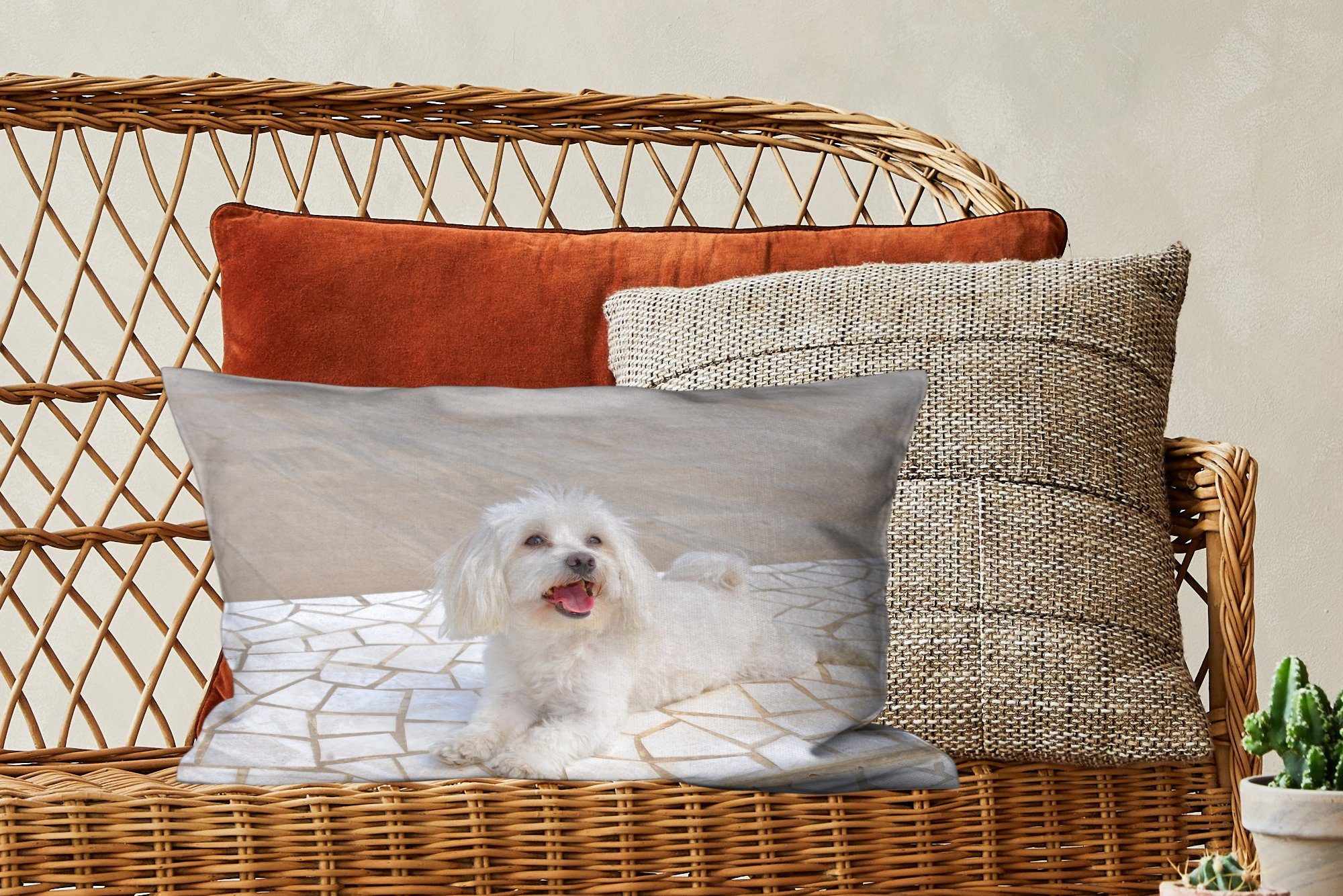 Dekokissen Füllung, liegt Dekoration, Wohzimmer einem auf Zierkissen, Weg, Malteser mit Dekokissen MuchoWow Hund Ein Schlafzimmer