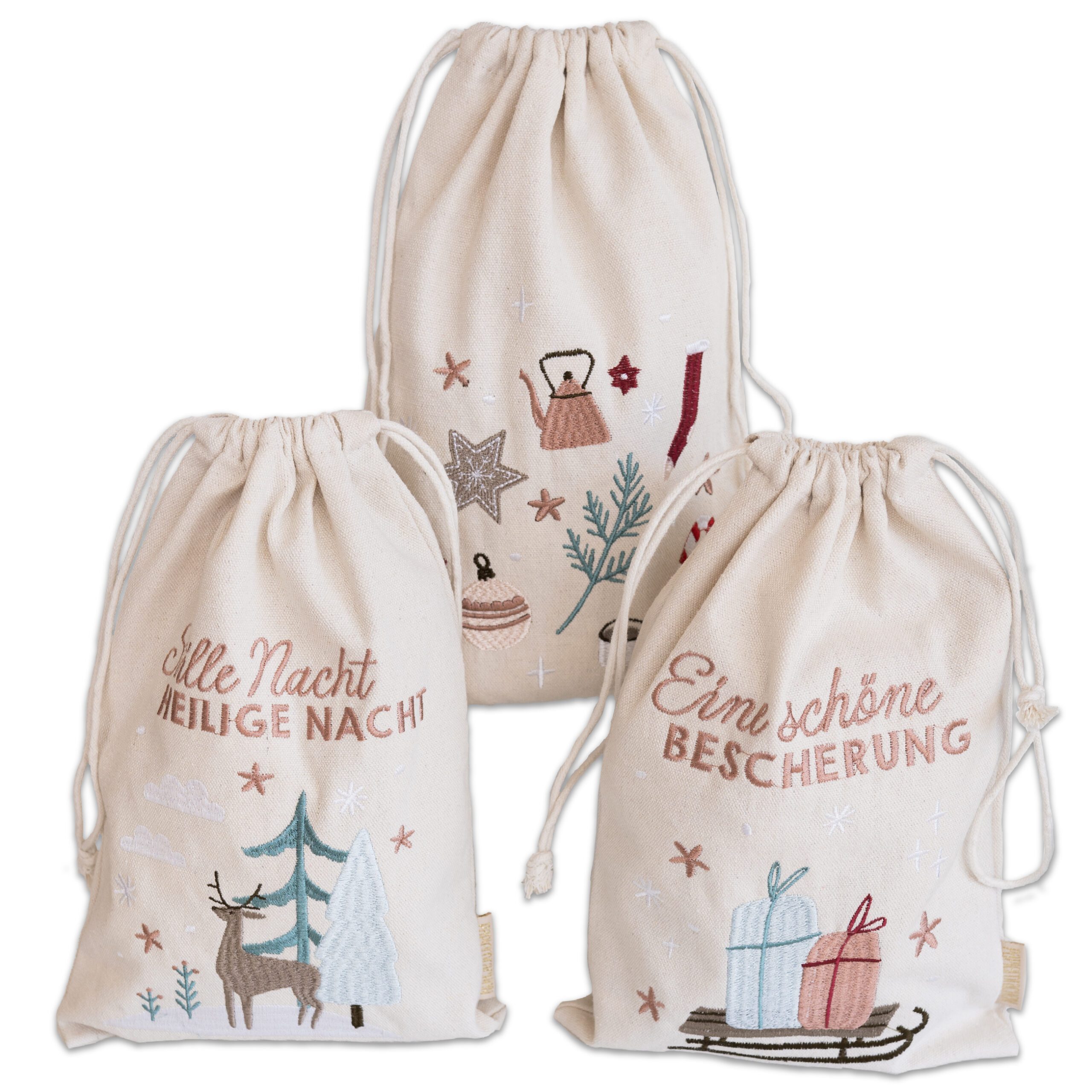 PAPIERDRACHEN Geschenkpapier 3 Geschenksäcke Cheerful Christmas, mit schöner Bestickung