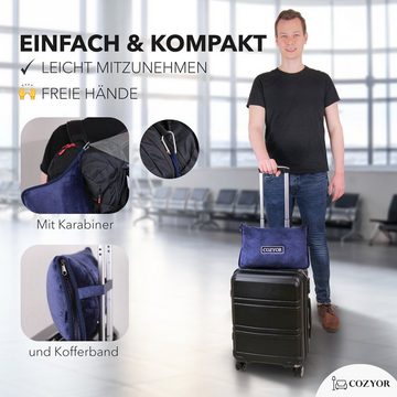 Cozyor Reisekissen und Reisedecke 2 in 1, Reiseset kuschelig weich + Rucksack-Clip, & mit praktischer Befestigung für Koffer, blau Ocean Serie, 1-tlg., Verwandlungskissen, Flugzeugdecke für unterwegs wahlweise mit Nackenkissen & Augenmaske