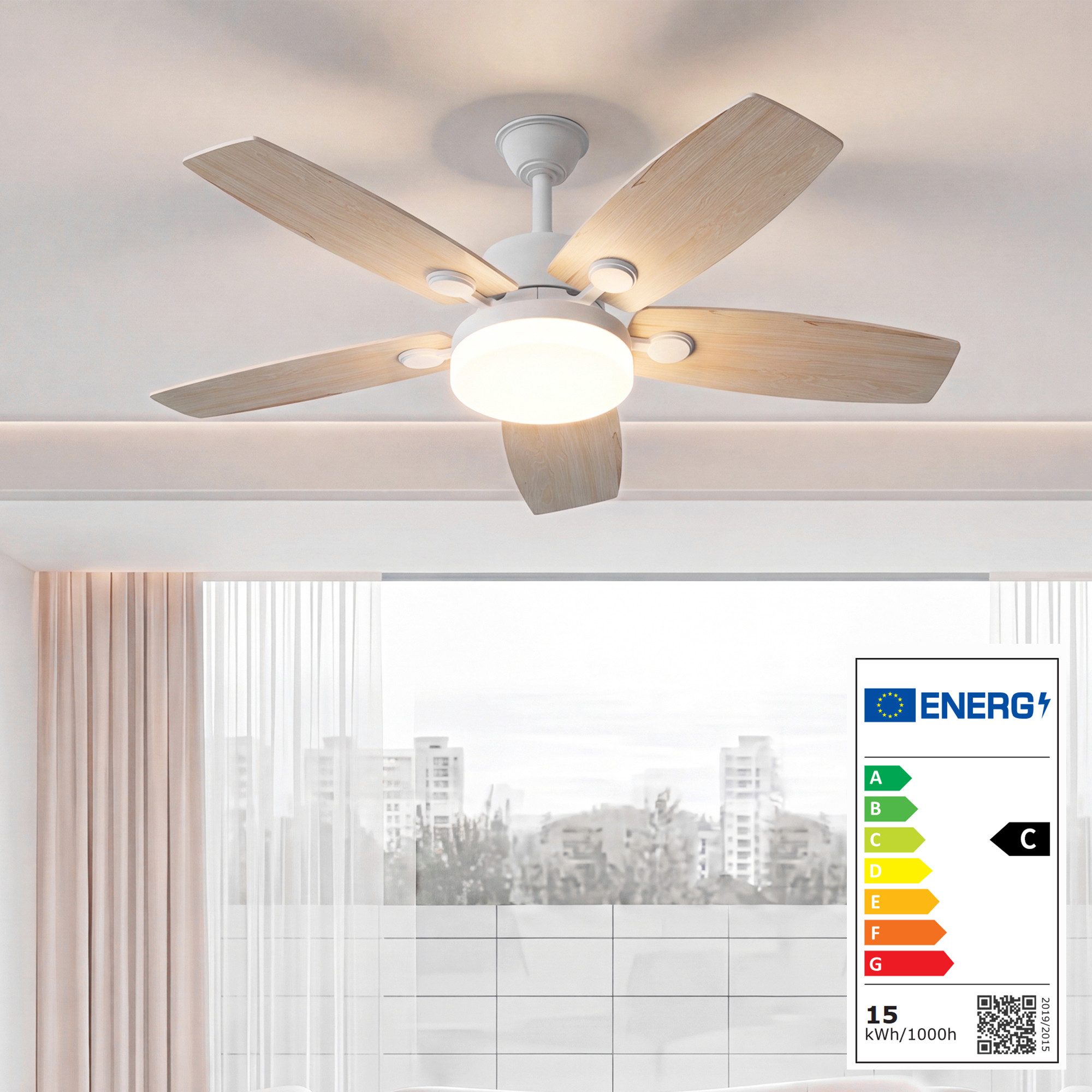 Furnishings Home Deckenventilator Ventilatorleuchte mit Licht Deckenlampe mit Fernbedienung DC 6 Stufen, Durchmesser 132 cm, Dimmbare LED, Sommer/Winterfunktion, 5 Flügel