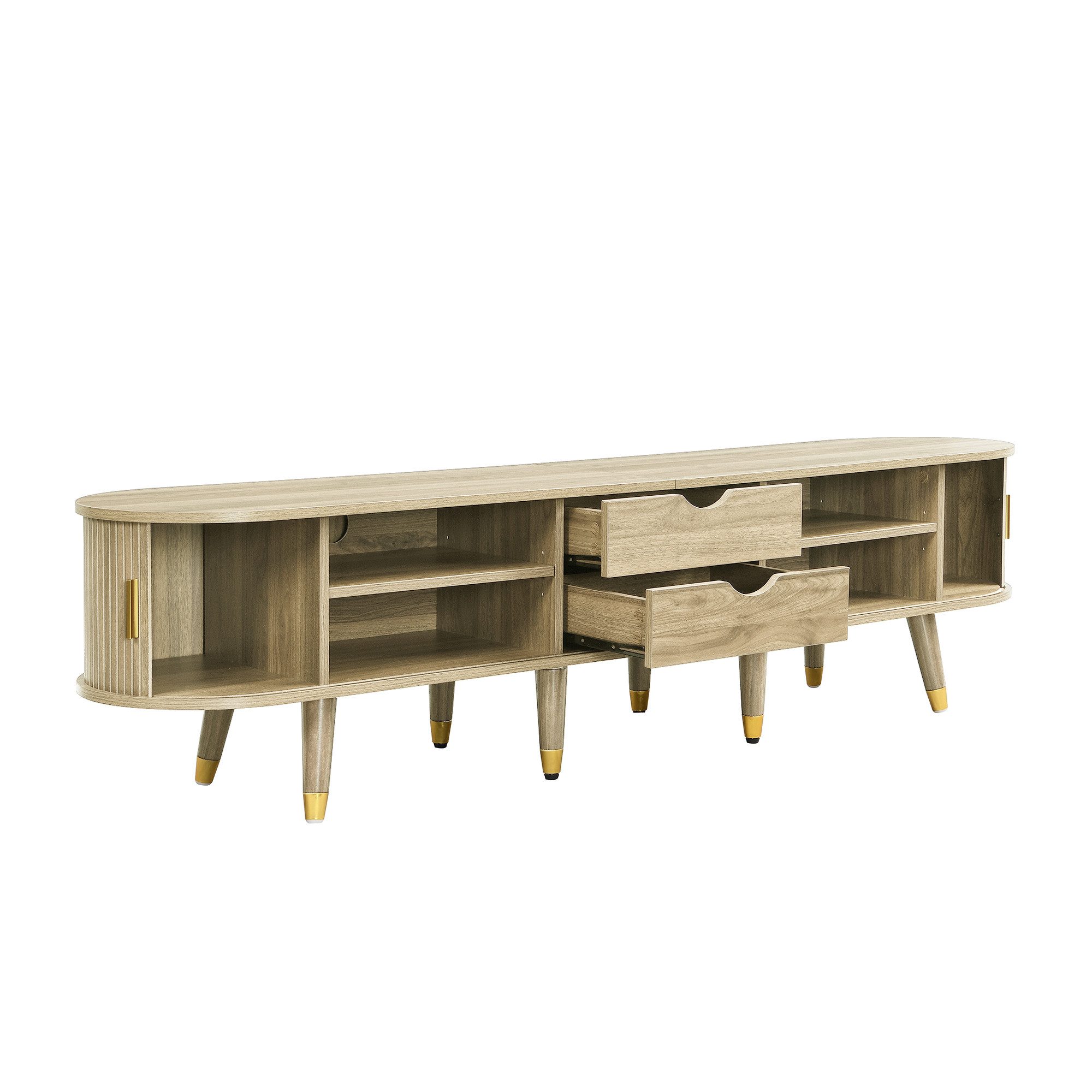 Yorbay TV-Schrank TV-Schrank 175 cm mit Rattan-Schiebetür, Walnussoptik & viel Stauraum Landhausstil Fernsehtisch mit offenen Fächern, Schubladen & Schrank